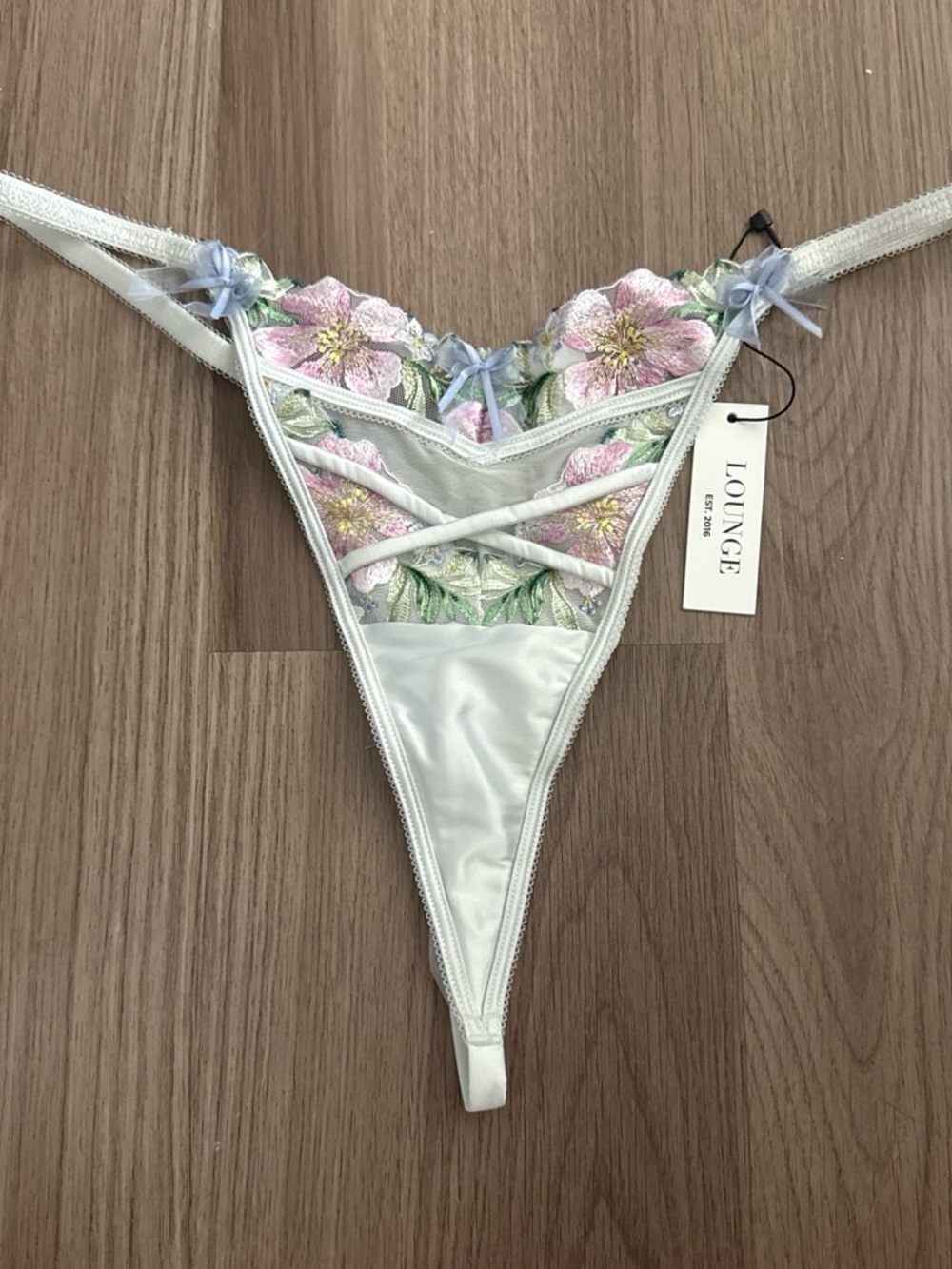 Lounge Underwear Floral Embroidered Satin Thong - Light Blue & Pink